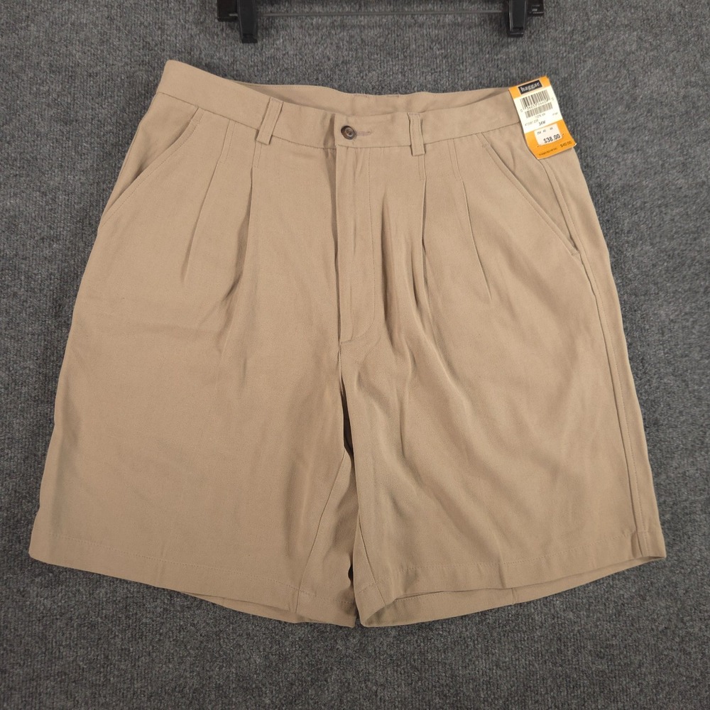 Haggar Men's 34 Tan Khaki Silk Pleated Chino Shorts Flexible Waistband NEW